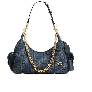 Coach Quilted Denim Shoulder Bag with Gold Chain Accents Color:Brass/Dark Indigo